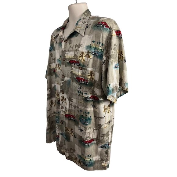 Mens Hawaiian Floral Button Up Camp Shirt XL Pocket Retro Classic Vintage Cars - Picture 3 of 9